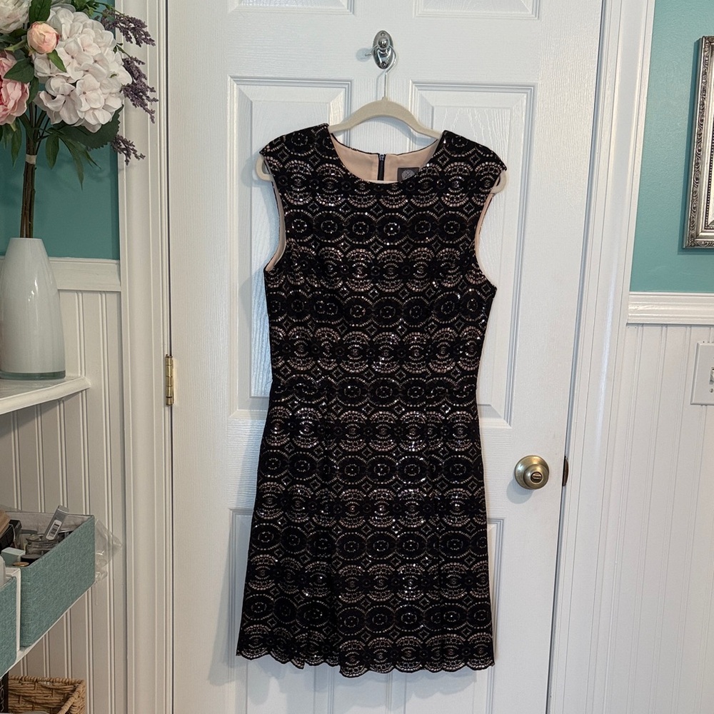 Vince Camuto Black and Cream Lace Dress with sequins and pockets